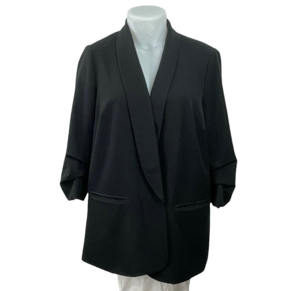 DR2 Womens Black Ruched 3/4 Sleeve Notched Collar Cardigan Blazer Coat Jacket 2X